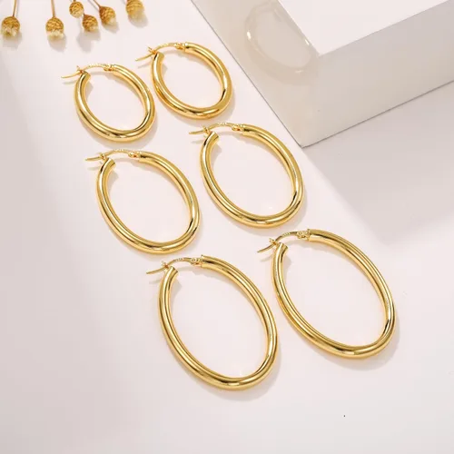 Vista 6 de BMMYE Aretes de aro de plata de ley para mujer, aretes de aro ovalados, ligeros, dorados, gruesos, hipoalergénicos, doradosplateados, para mujer