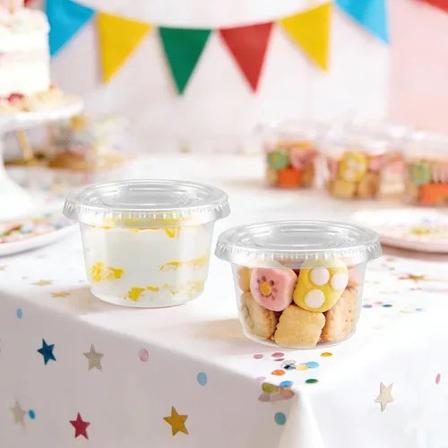Vista 7 de Clawsoff 360 juegos de vasos desechables de plástico transparente de 4 Vasos de gelatina aptos para alimentos, pequeños recipientes de condimentos a
