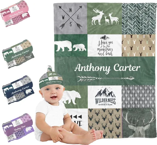 Vista 13 de Mantas de bebé personalizadas para niños y niñas, mantas de bosque personalizadas con nombre y sombrero, color rojo