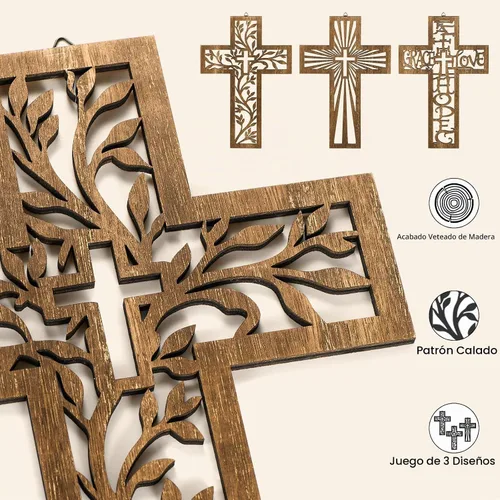 Vista 2 de 3 Pcs Wooden Cross Wall Decor, 12 Inch Wall Crosses for Christian Home