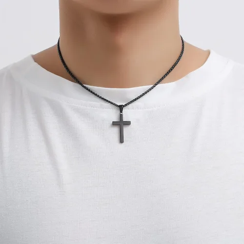 Vista 4 de P. BLAKE Collar con colgante de cruz de acero inoxidable para hombres y niños, colgante de cruz cristiana con cadena de 24 pulgadas