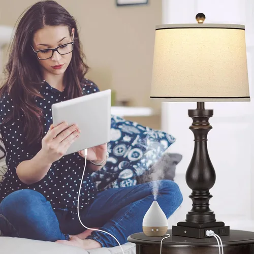 Vista 3 de Rinweey - Lámpara de mesa de granja de 29" para sala de estar, lámpara de mesita de noche vintage con puertos USB C+A y salida de AC, lámpara