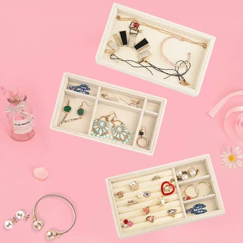 Vista 4 de Weiai Joyero acrílico con 3 cajones organizador de joyas de terciopelo aretes anillos collares pulseras vitrina regalo para mujeres niñas beige