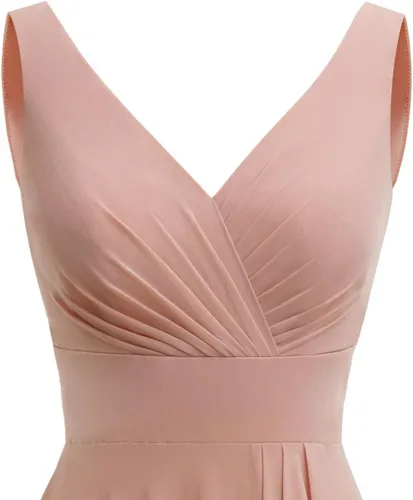 Vista 4 de Raseal Vestido de dama de honor de gasa con cuello en V con abertura plisado gasa volantes largo una línea formal vestido de fiesta para mujeres