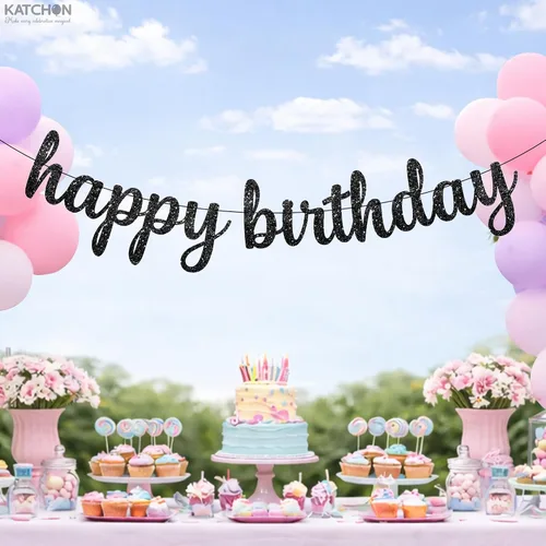 Vista 7 de Cartel cursivo negro de feliz cumpleaños – pre-encordado, 10 pies Decoraciones de feliz cumpleaños con purpurina para mujeres, hombres, niños