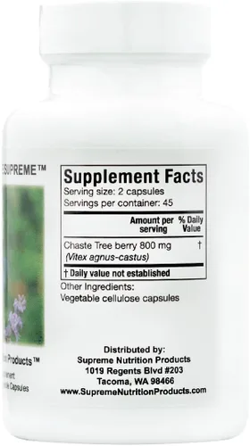 Vista 3 de Supreme Nutrition Chaste Tree Supreme, 90 cápsulas vegetarianas de Vitex Pure