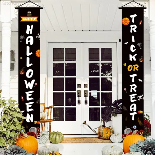 Vista 3 de KatchOn, Cartel de Feliz Halloween de Trick or Treat – Grande, 72 x 12 pulgadas Cartel negro para puerta de Halloween para decoraciones