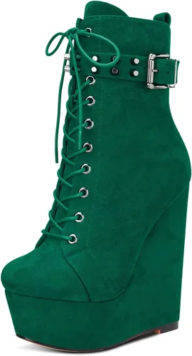 Vista 5 de HDEUOLM Botas de tobillo con tacón de plataforma de cuña alta para mujer, botines cortos con cordones y cremallera Negro