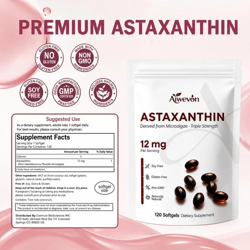 Vista 7 de Suplemento de astaxantina de 12 mg de cápsulas blandas, astaxantina natural de microalgas con aceite MCT para absorción, potente apoyo antioxidante