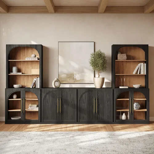 Vista 9 de BELLEZE Centro de entretenimiento modular de 4 piezas con almacenamiento, 2 vitrinas de madera moderna con gabinete arqueado y 2 armarios de puerta