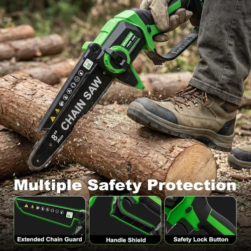 Vista 8 de Mini motosierra de 8 pulgadas con 2 baterías y cargador, motosierras inalámbricas sin escobillas con engrasador automático, motosierra eléctrica