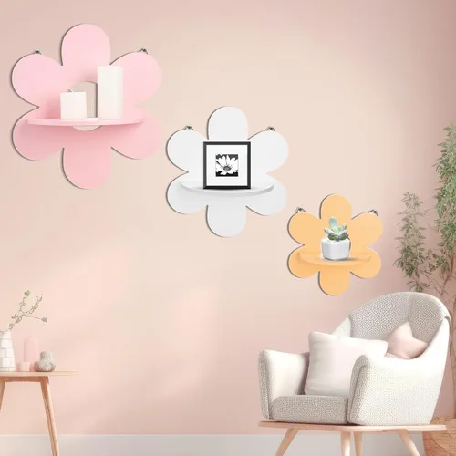 Vista 6 de Soaoo 3 estantes flotantes de flores de margarita, estante bohemio de madera para plantas, soporte de exhibición montado en la pared, decoración