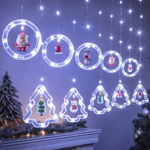 Vista 11 de BLOOMWIN Luces de Ventana de Navidad Decoraciones de Ventana Navideñas Iluminadas - Luz de Anillo en Forma de Árbol con Luz de Cortina de Ornamento