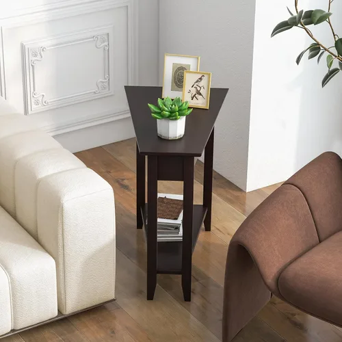 Vista 2 de GIANTEX Mesa auxiliar de cuña, mesa auxiliar triangular con estante de almacenamiento y patas de madera maciza, mesa reclinable, mesita de noche