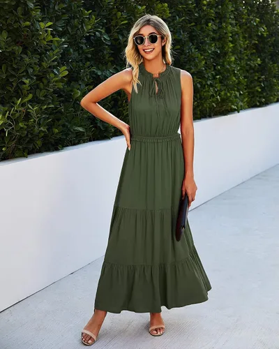 Vista 2 de KIRUNDO - Maxivestido sin mangas con lazo para atar en el cuello para mujer vestido de verano acampanado liso o con estampa floral cintura alta