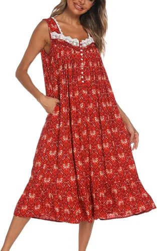 Vista 18 de AVIIER Camisones de algodón para mujer, sin mangas, vestido de casa largo con bolsillos, S-XXL Flor negra