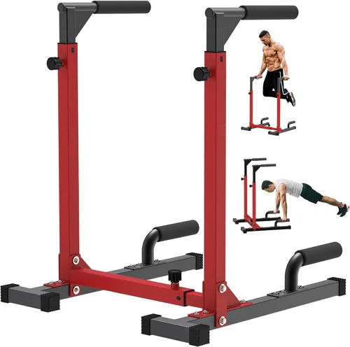 Vista 10 de SELEWARE Adjustable Dip Bar Station, Home Gym Dip Stand T Base with Rubber Feet, Anti Slip Design, Push Up Handles, Adjustable Width & Height