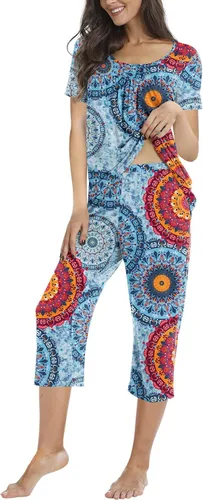 Vista 2 de POPYOUNG Conjunto de pijama casual de 2 piezas para mujer, con pantalones capri cómodos y bolsillos, ropa de dormir