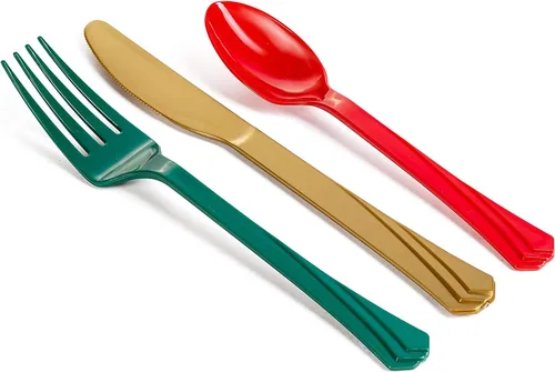 Vista 3 de Cubiertos de plástico pesados, cubiertos desechables rojo/verde/dorado, 240 piezas, 80 de cada tenedor, cuchillos, cucharas