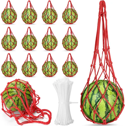 Vista 8 de Nuenen Hamaca de melón de red de sandía, 12 unidades, soporte para plantas y jardín, soporte de calabaza, bolsa colgante protege sandías, melón