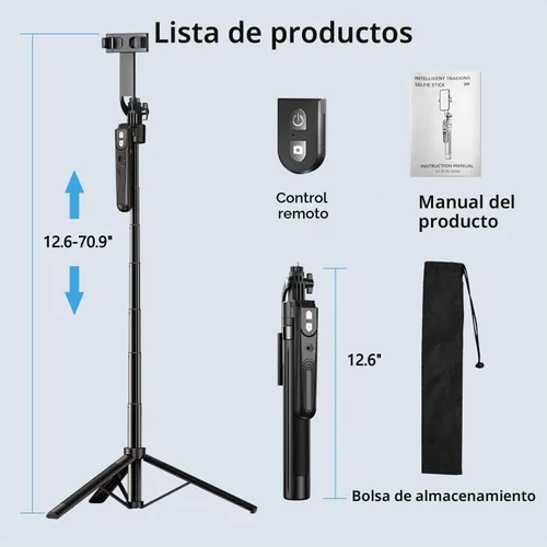 Vista 6 de Trípode de seguimiento facial automático con rotación de 360° con soporte, trípode de teléfono con sensor de movimiento de 70.9", sin aplicación