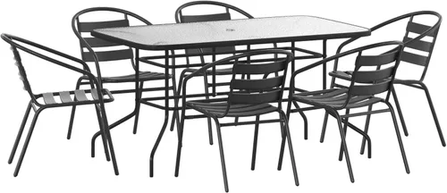 Vista 9 de Flash Furniture Lila - Juego de comedor de 5 piezas para patio, mesa de patio de vidrio templado de 55 pulgadas con agujero para paraguas, 4 sillas