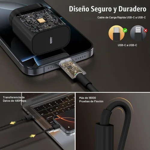 Vista 5 de Cargador de Bloque USB C de carga rápida para iPhone 17 16 Pro Max, cargadores USB-C de 30 W con cable largo de carga rápida tipo C de 3/6/10 pies