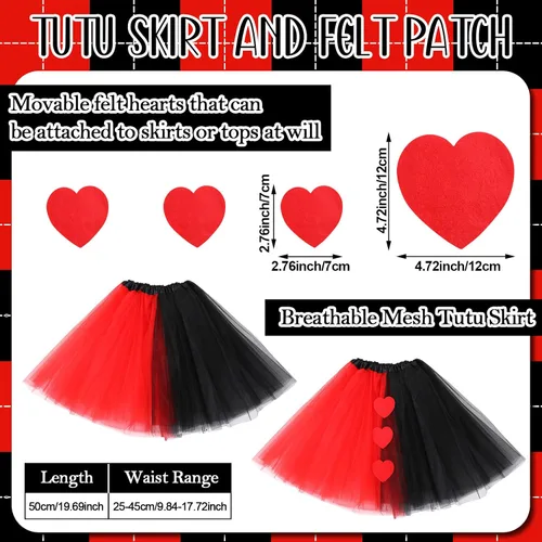 Vista 2 de Xtinmee Disfraz de reina para mujer, falda tutú roja y negra, diadema brillante, parche de fieltro y guantes negros, disfraz de reina de Halloween