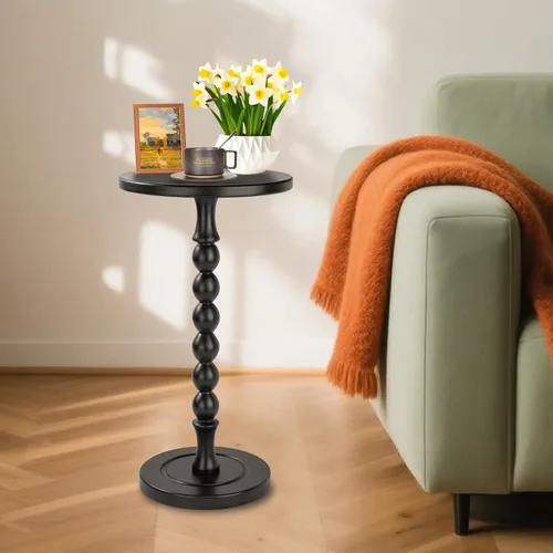 Vista 6 de Mesa auxiliar redonda para espacios pequeños, mesa de bebidas con pedestal de madera de roble, mesa auxiliar moderna para sala de estar, dormitorio