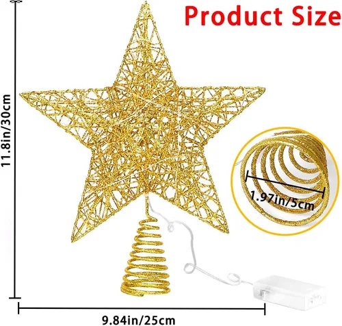 Vista 2 de DULEFUN Estrella LED de 11.8 Pulgadas para la Punta del Árbol - Adorno de Metal Dorado con 20 Luces para Decoración de Árbol de Navidad y Decoración