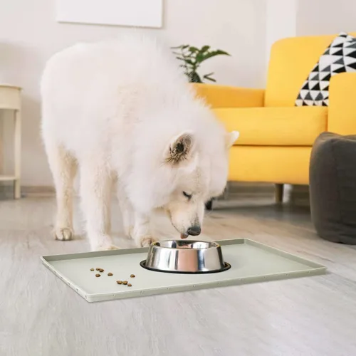 Vista 7 de Mantel individual de silicona para cuencos para comer para perros y gatos, impermeable, antideslizante. Tamaño: (18.5 x 11.5 pulgadas) borde elevado