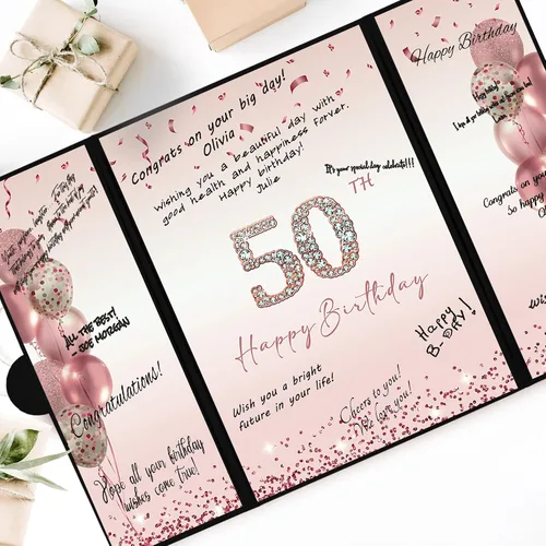 Vista 5 de DARUNAXY Decoraciones de fiesta de 50 cumpleaños en oro rosa para mujeres, libro de firmas alternativo de feliz 50 cumpleaños, tarjeta de firma