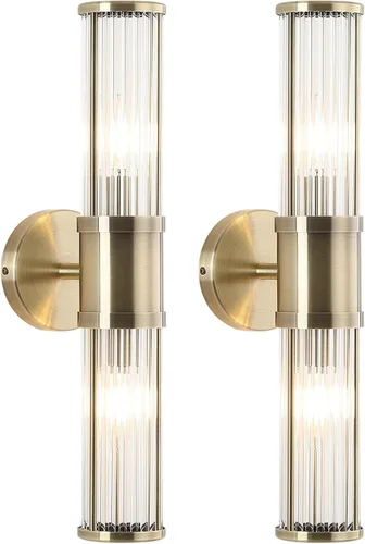Vista 14 de Lámpara de tocador moderna de latón cepillado, 1 unidad, aplique de pared de doble varilla de vidrio para baño, base de candelabro E12 de doble