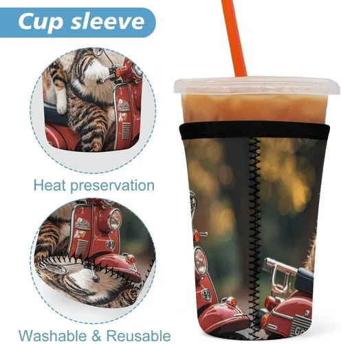 Vista 3 de Two Funny Cats Driving A Motorcycle Reusable Insulated Neoprene Iced Coffee Cup Sleeves 3 Sizes Diving Material Cup Durable Beverage Covers for Cold