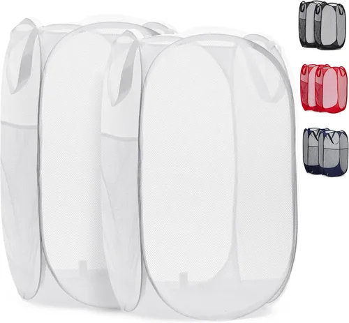 Vista 19 de Handy Laundry - Cesta de lavandería plegable de malla emergente con abertura ancha y bolsillo lateral - Diseño transpirable, resistente, plegable