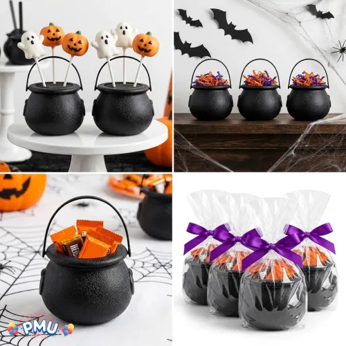 Vista 8 de PMU Caldero de Halloween 6 piezas de 3 pulgadas pequeño de bruja de plástico para caldero negro, para decoración de Halloween