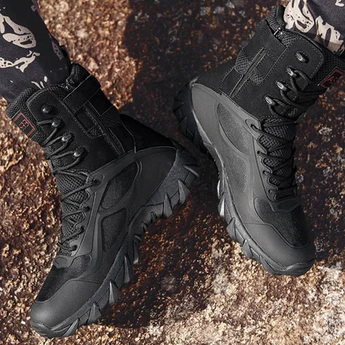Vista 7 de Botas tácticas para hombre, botas militares de trabajo, botas de combate al aire libre para senderismo, motocicleta, escalada