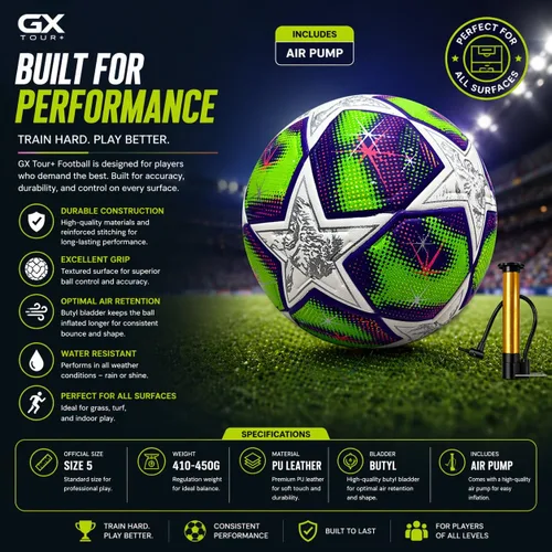 Vista 2 de Balón de fútbol GX de tamaño profesional 5. Pelota de entrenamiento y competición texturizada, todo terreno con bomba de aire y agujas. Perfecto