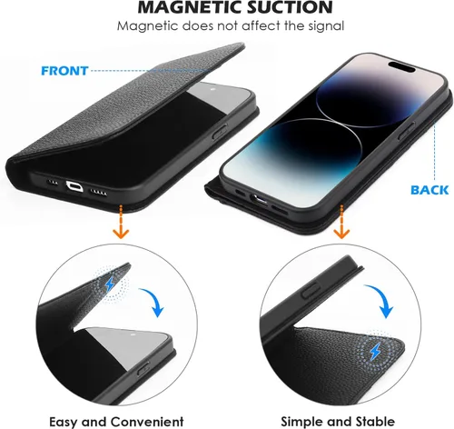 Vista 3 de WALLFID Funda de cuero para iPhone 14 Pro con tarjetero y función de soporte, piel auténtica, antiarañazos (negro)
