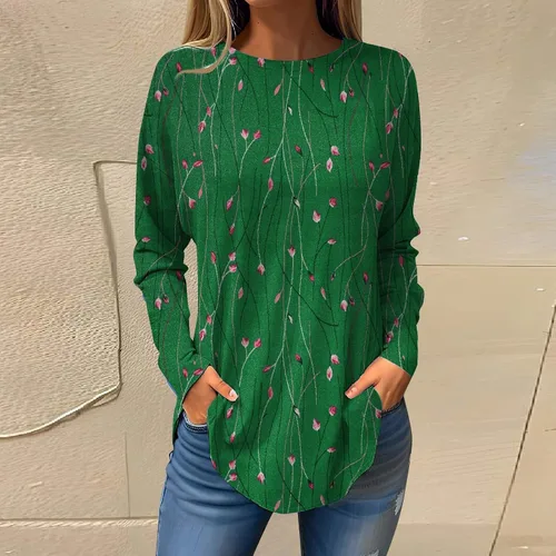 Vista 2 de Camisetas de manga larga para mujer, cuello redondo, estampadas, holgadas, de moda, para otoño, retro, cómodas, blusas