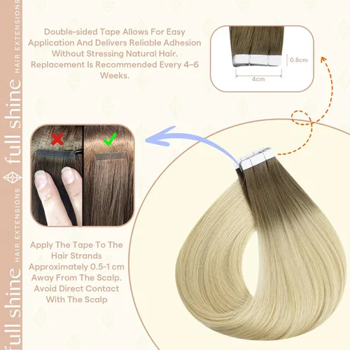 Vista 4 de Fshine Extensiones de cabello humano real con cinta adhesiva, color rubio raíz oscuro, 22 pulgadas, color marrón ceniza degradado a rubio, # 1