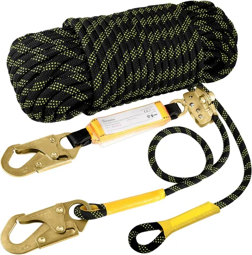 Vista 7 de TRSMIMA Arnés de Cuerda con Cordón de Seguridad: Cuerda Vertical para Techos de 25 pies con Ganchos de Agarre Rápido Amortiguador de Impactos - Kit