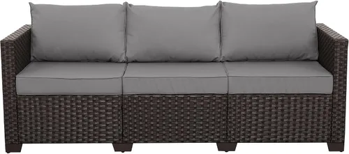 Vista 9 de Valita Muebles de patio de 3 asientos, sofá de mimbre marrón, muebles de exterior, sofá de exterior, asiento profundo, respaldo alto, funda Azul