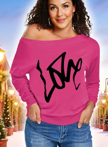 Vista 3 de Sweatshirt for Women Off The Shoulder Tops Long Sleeve Sweatshirts Oversized Sweaters Shirts 02-Rosa Rojo