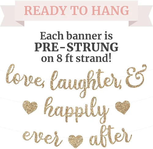 Vista 3 de Cartel preencordado con texto en inglés "Love Laughter & Happily Ever After", "No hazlo tú mismo" – Cartel dorado con purpurina para despedida