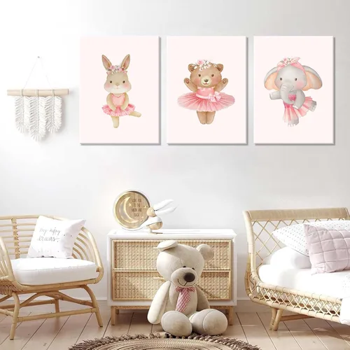 Vista 3 de 3 piezas de lienzo de animales de bailarina rosa, arte de pared, lindo elefante, conejo, oso, decoración de pared, imágenes de guardería, habitación