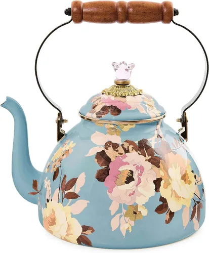 Vista 15 de MACKENZIE-CHILDS Tetera de Esmalte, Tetera Bonita para Estufa, 2 Cuartos, Rosa Silvestre Marrón Diseño aplicado a mano, hecho de acero esmaltado