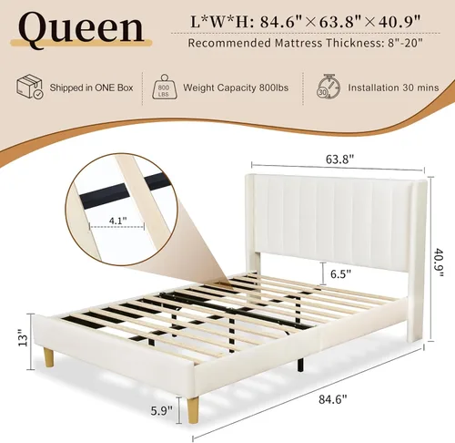 Vista 2 de Cama tapizada de terciopelo tamaño Queen con cabecera con respaldo de alas, color crema Canal vertical acolchonado, listones de madera