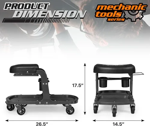 Vista 2 de M-AUTO Asiento de rodillo para garaje, taburete de taller mecánico resistente con bandeja para herramientas y estante para equipos, asiento