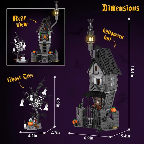Vista 5 de Juego de construcción de mansión embrujada de Halloween 2026, juego de bloques de construcción de casa embrujada antes de Navidad, calabazas que
